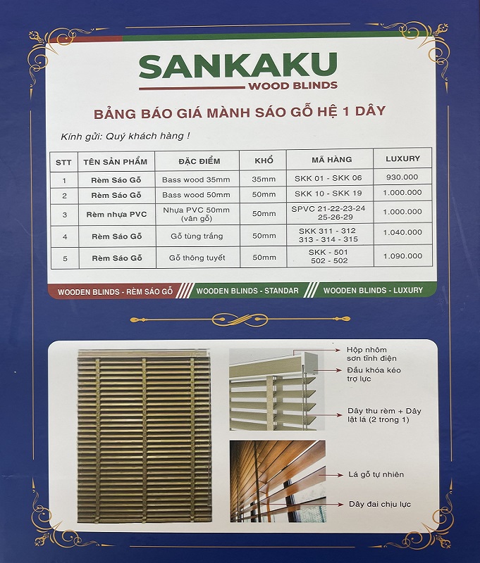 Bảng báo giá rèm sáo gỗ Sankaku hệ 1 dây
